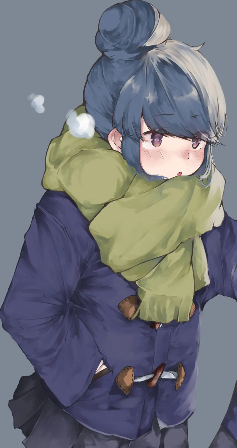 Rin in a navy coat and green scarf, breath puffing in the cold