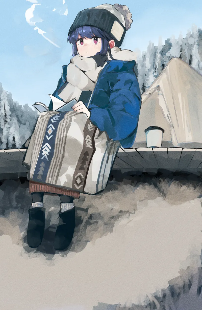 Rin bundled up in winter gear reading at a snowy campsite