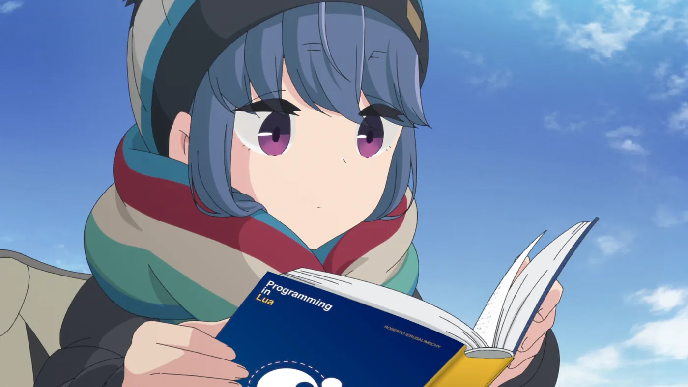 Shima Rin in her striped scarf, calmly reading a copy of Programming in Lua
