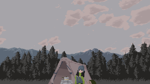 Pixel art of Rin sitting at her tent's entrance in a pine forest