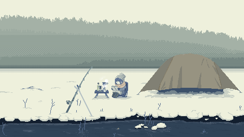 Pixel art of Rin reading by a snowy lakeside with her tent and a fishing rod